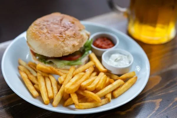 burger, fries, beer